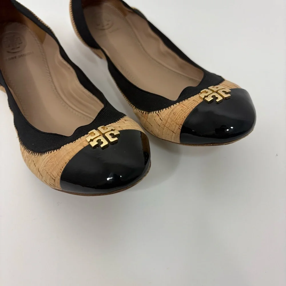 Tory Burch Black and Natural Cork Cap-Toe Ballet Flats